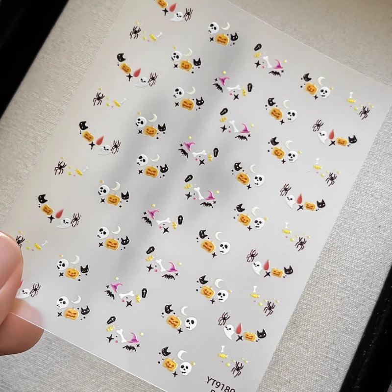Halloween Nail Charms Stickers - Skull, Cat, Bat, Moon, Starburst, Coffin, Wizard Hat, Bones, Crescent Decor