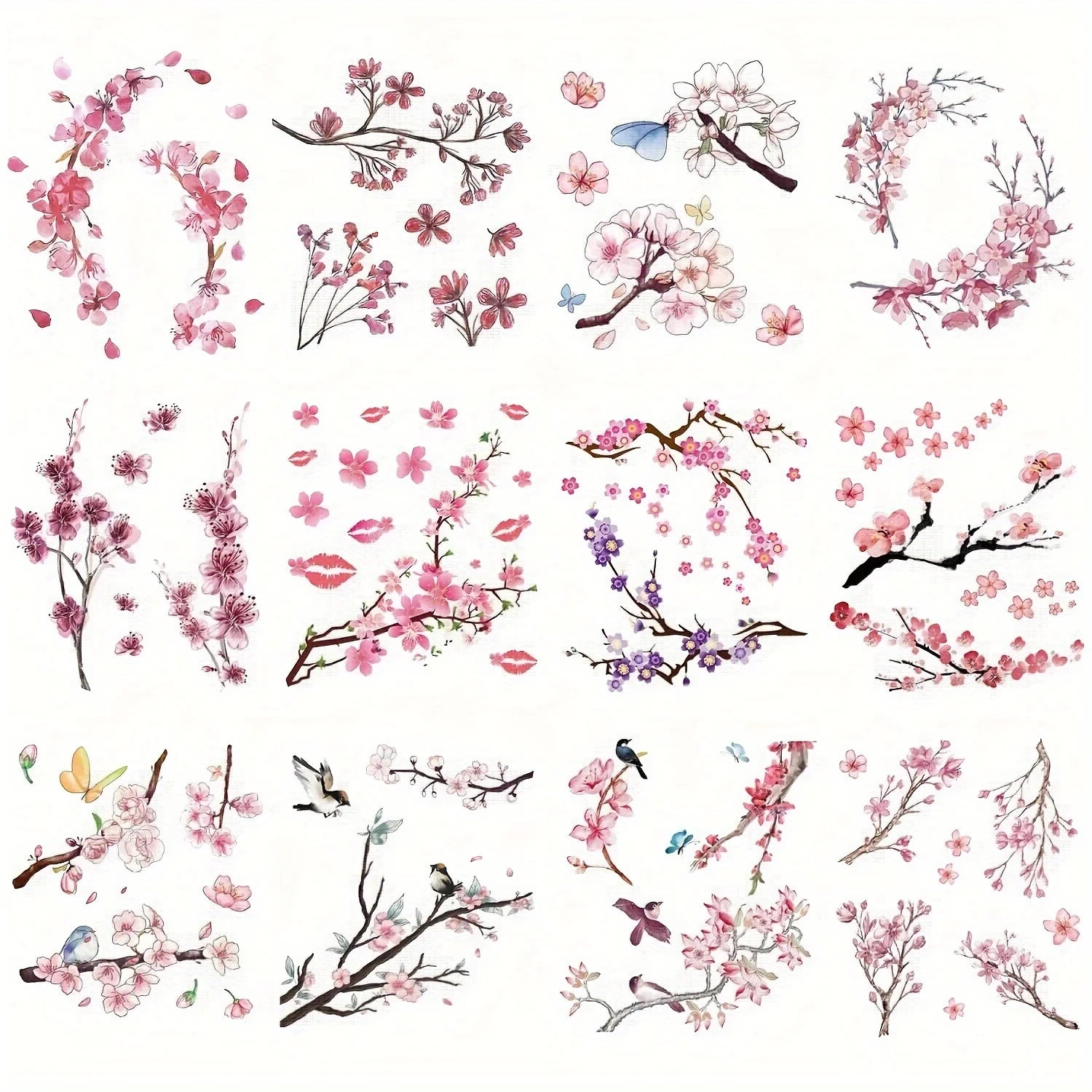 Waterproof Sakura Flower Tattoo Stickers for Body & Arm Art - 12 Sheets