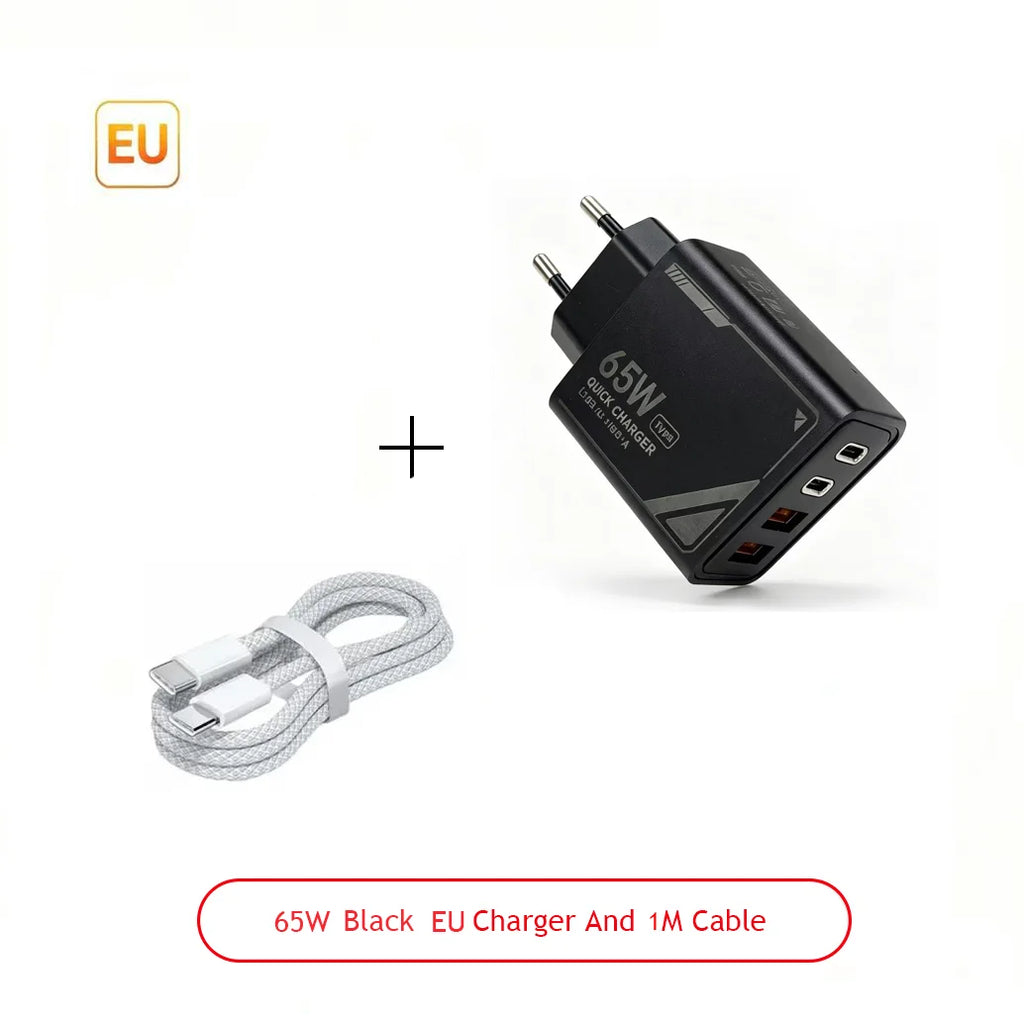 65W GAN Multi-Port Travel Charger Kit with UK EU US Plugs & 1M Braided USB-C Cable