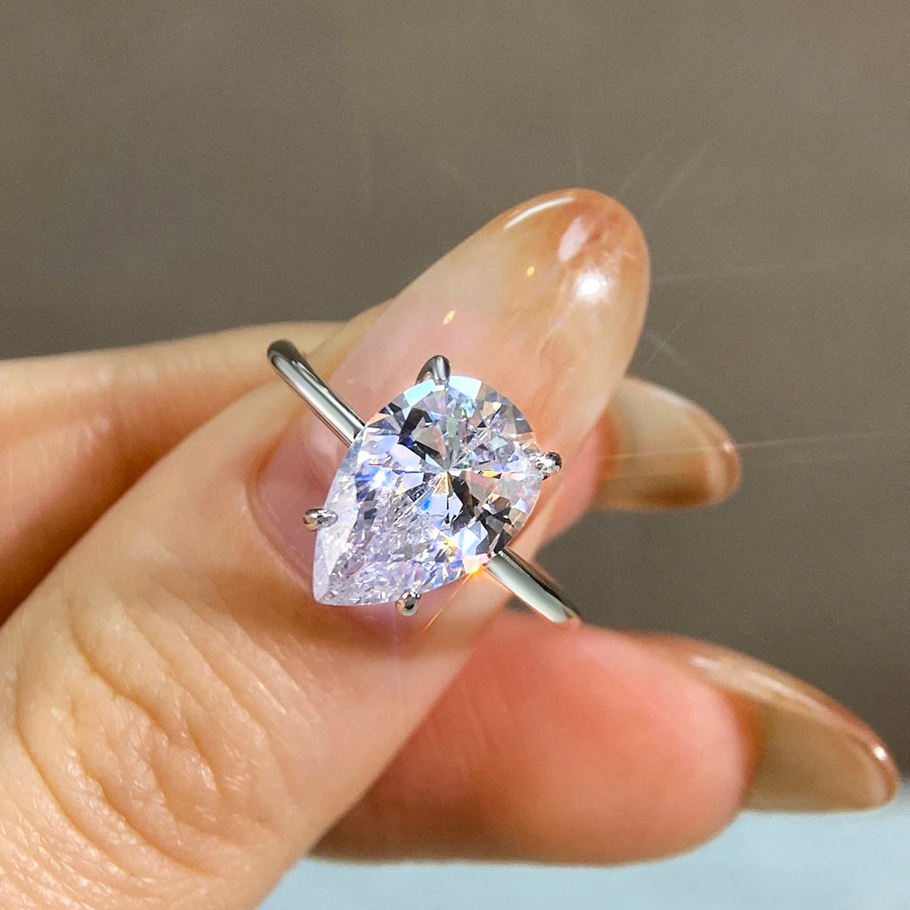 Sterling Silver Zircon Engagement Ring for Women, Sparkling Pear Shape Jewelry