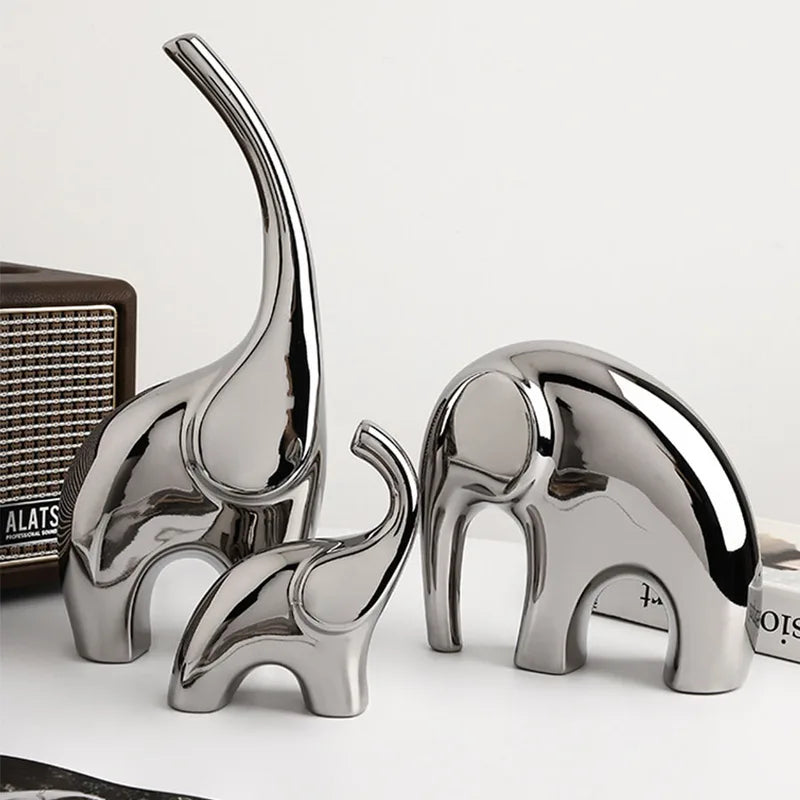 Silver Electroplated Ceramic Elephant Figurine Nordic Home Decor Gift