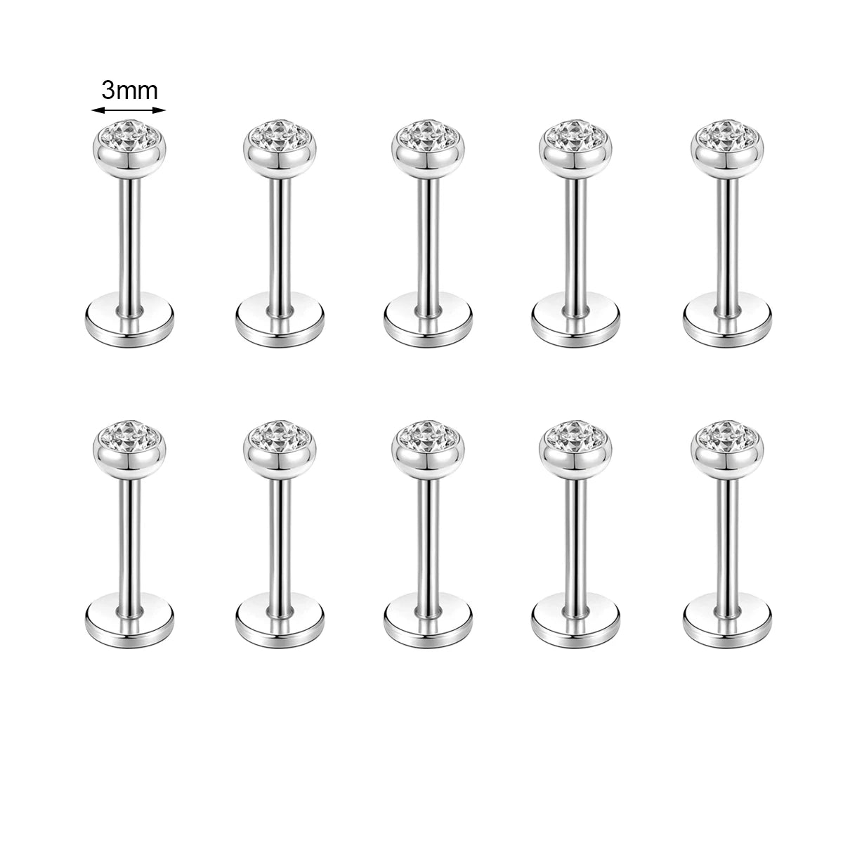 10 Pcs Stainless Steel Lip Piercing Set with CZ Crystals, 6/8/10MM - Men & Women