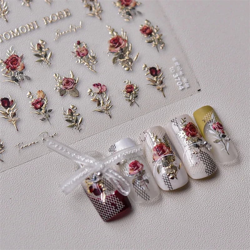 Japanese Vintage Rose Nail Stickers - Gold & Silver Laser Decals for Manicure