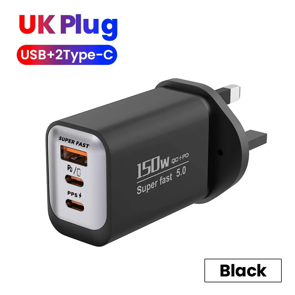 150W USB Type C Fast Charger with EU/UK/US/CH Plugs for Mobile Phones and Travel