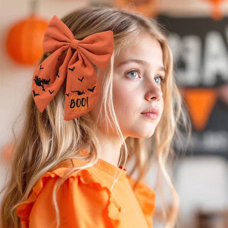 Halloween Gothic Hair Clips Set - Ghost Bat Pumpkin Embroidery for Girls & Children