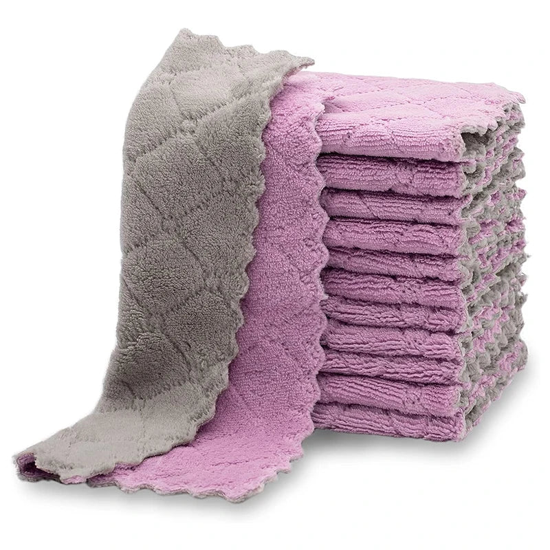 Double-Layer Microfiber Cleaning Cloths Set - Absorbent Dish Towels for Kitchen