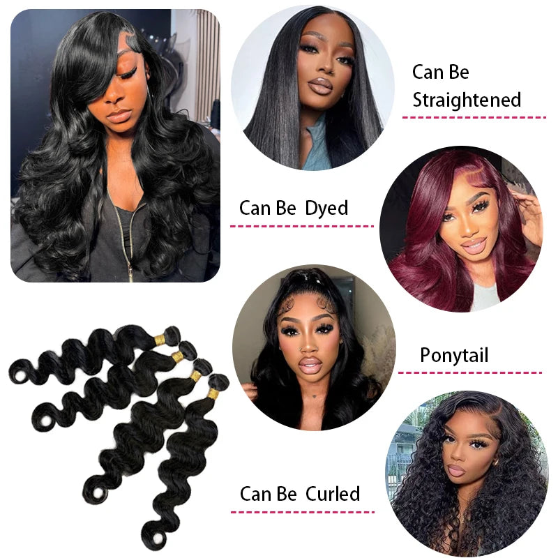 Brazilian Virgin Hair Extensions - Natural Color Body Wave Bundles 22-26 Inches
