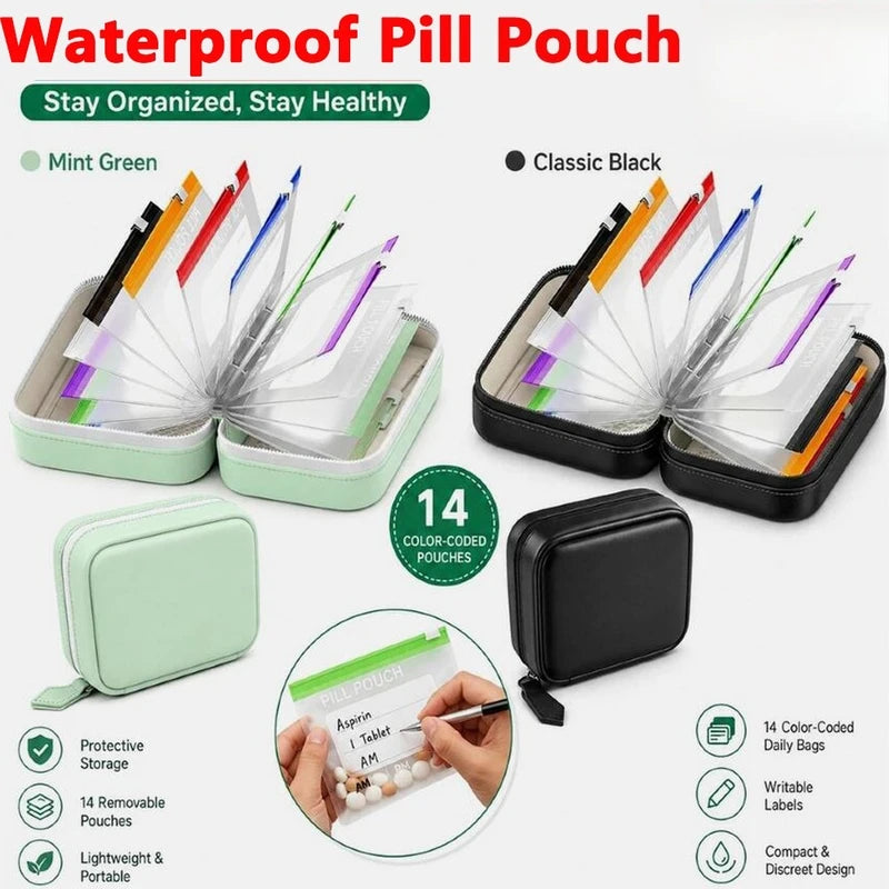 Waterproof Pill Pouch Set with Writable Labels - 14 Color-Coded Travel Medication Organizers