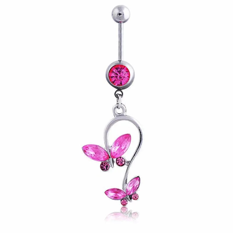 Butterfly Heart Drop Belly Button Rings - Crystal Stone Navel Jewelry for Women