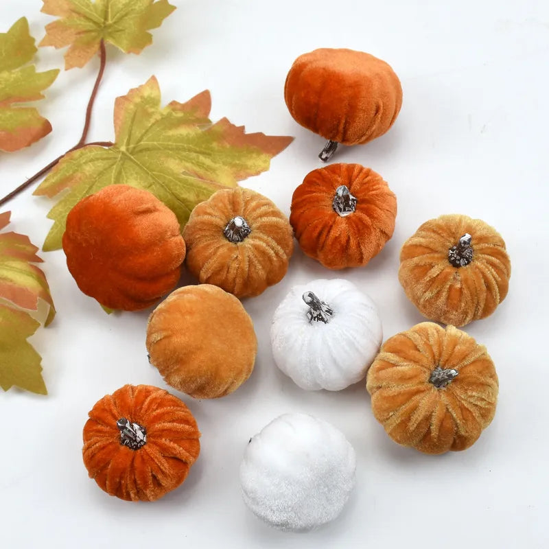 10pcs Velvet Artificial Pumpkin Fall Decor Set for Autumn Halloween Thanksgiving