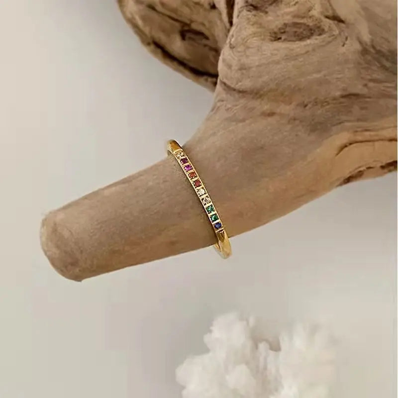 Rainbow Color Cubic Zircon Finger Rings Set - Waterproof Stainless Steel Jewelry for Women