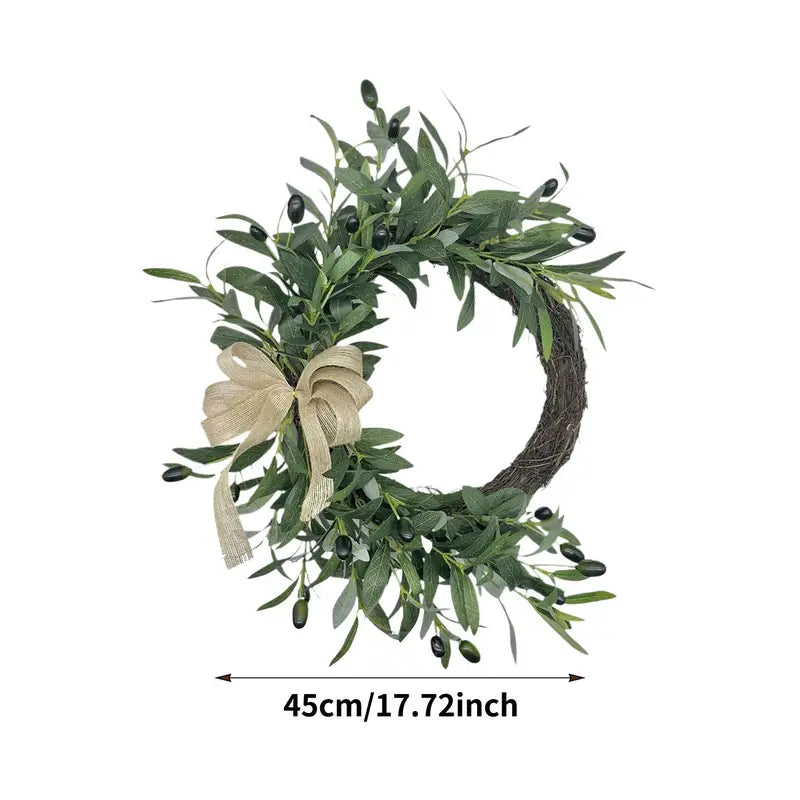 Artificial Greenery Spring Wreath with Olive Leaves and Bow for Front Door & Indoor Decor
