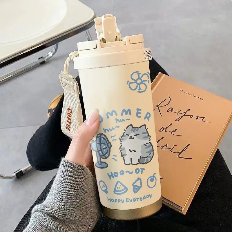 520ml Cute Cartoon Cat Insulated Stainless Steel Cup Double Wall Hot Cold Drinkware
