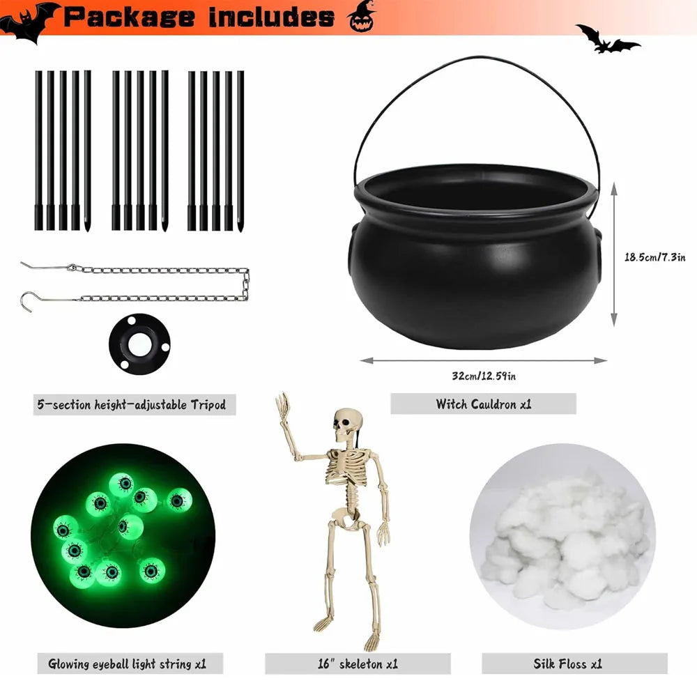 Halloween Witches Cauldron with Tripod, Green Eyeballs, Skeleton & Lights - Outdoor Yard Decor