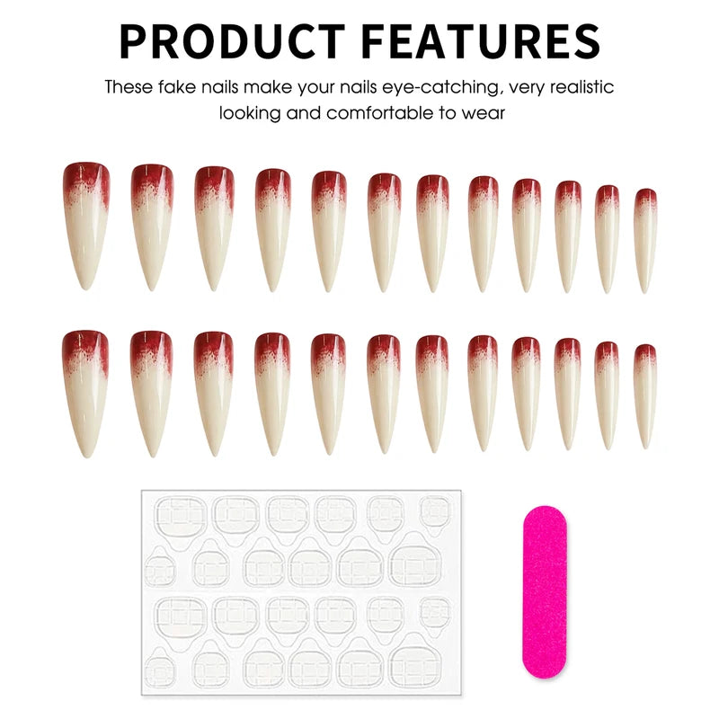 24PCS Gothic Nude False Nails Long Pointed Halloween Blood Stained Design