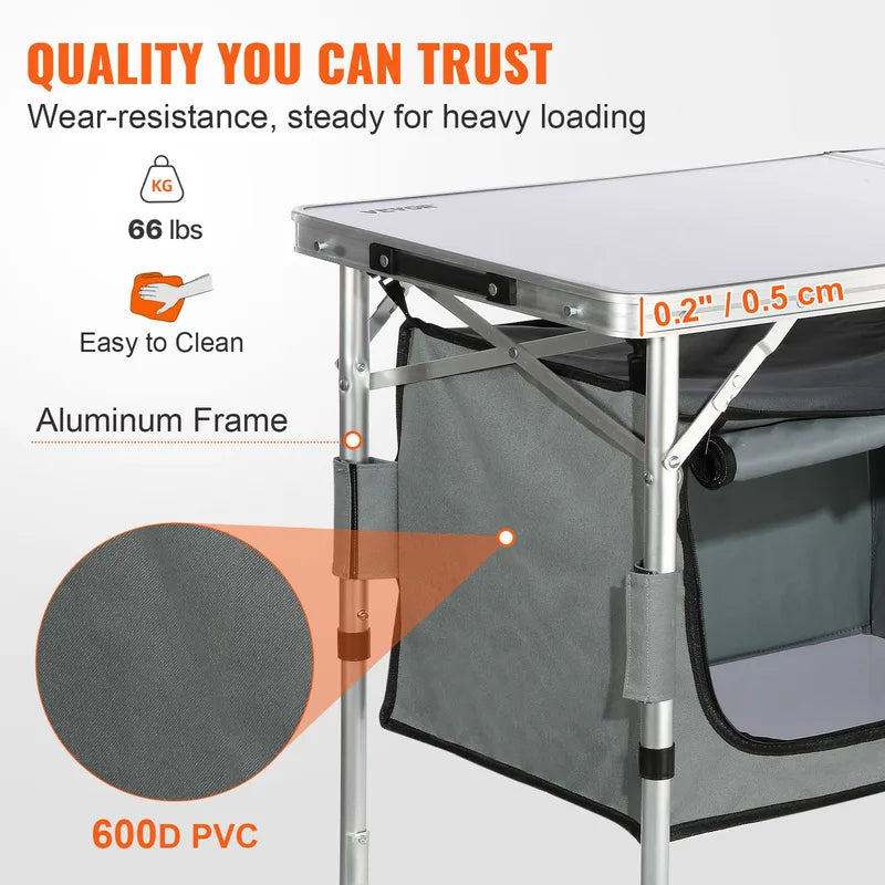 Portable Folding Camping Kitchen Table with Adjustable Heights and Storage