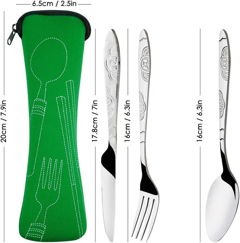 Portable Camping Tableware Set with Washable Zipper Pouch - 3-Piece Stainless Steel Cutlery Kit for Travel and Household Use
