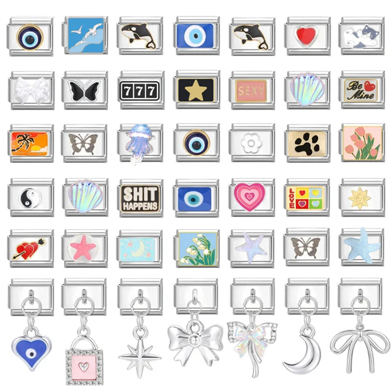 Stainless Steel Jewelry Charms for DIY Bracelet Making - Devil Eyes Cats Hearts Flowers