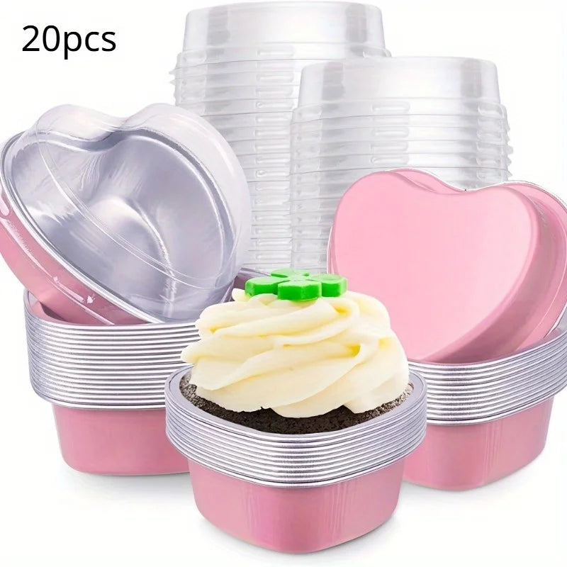 20pcs Heart-Shaped Aluminum Foil Cake Cups with Lids - Baking & Wedding Supplies
