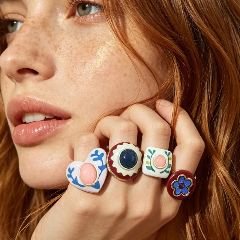 Retro Bohemian Floral Enamel Adjustable Ring Set - Heart Square Round Jewelry