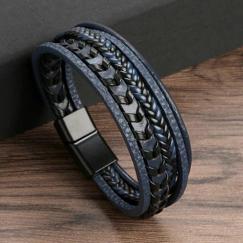Men's Multi-Layer Leather Rope Braided Bracelet with Magnetic Buckle