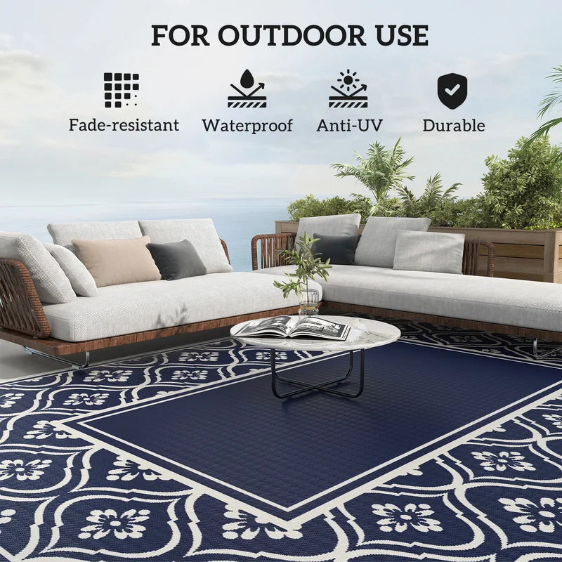 Outdoor Rug 9x12 ft Blue White Gourd Border Reversible Patio Mat