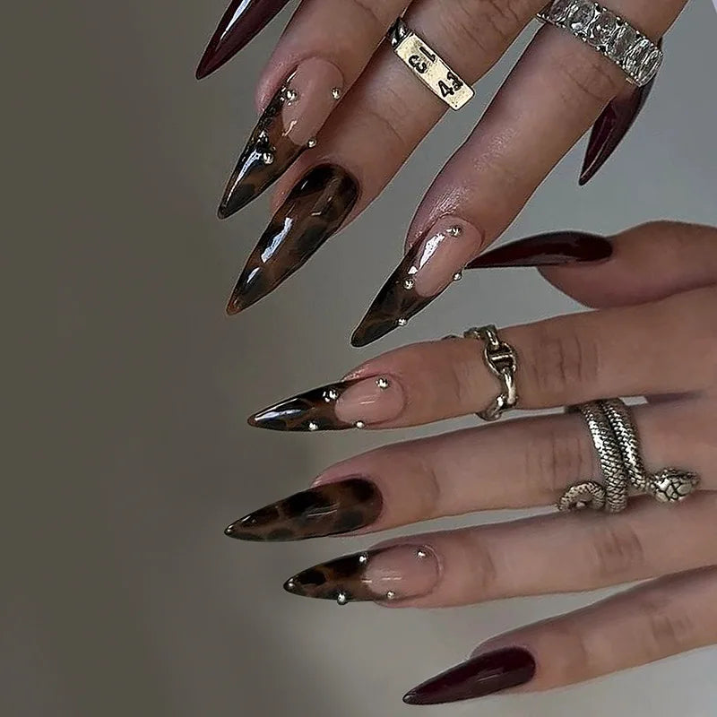 24pcs Gradient Black Pointed Nail Tips Fake Nails Set Long Almond Press On Nails