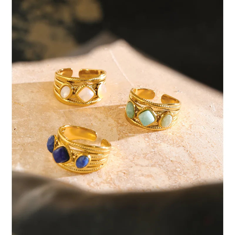 Adjustable Stainless Steel Ring with Amazonite Stone - Hypoallergenic Jewelry