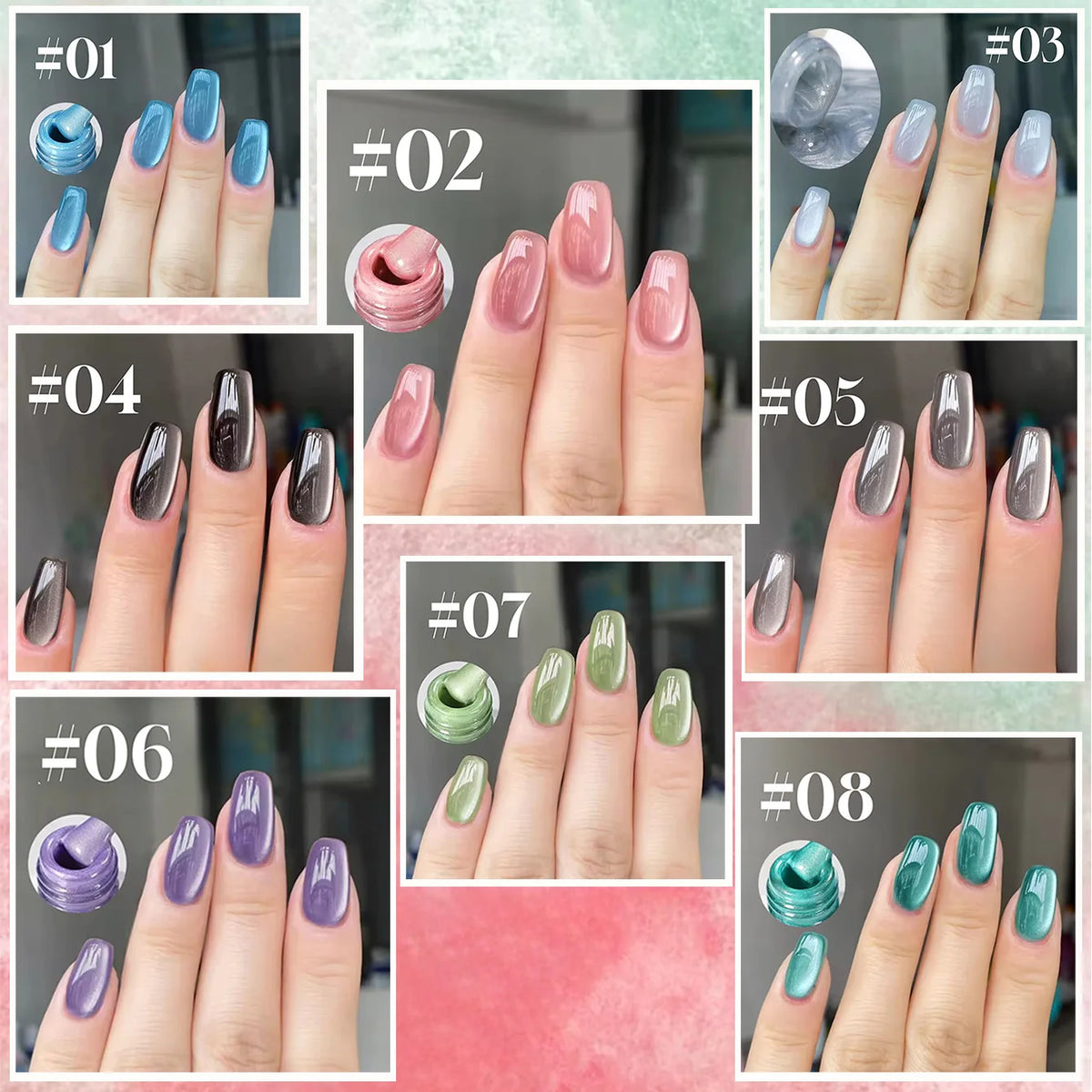 Spring Summer Cat Eye Gel Nail Polish Set - 12 Colors, Long-Lasting & Brightening