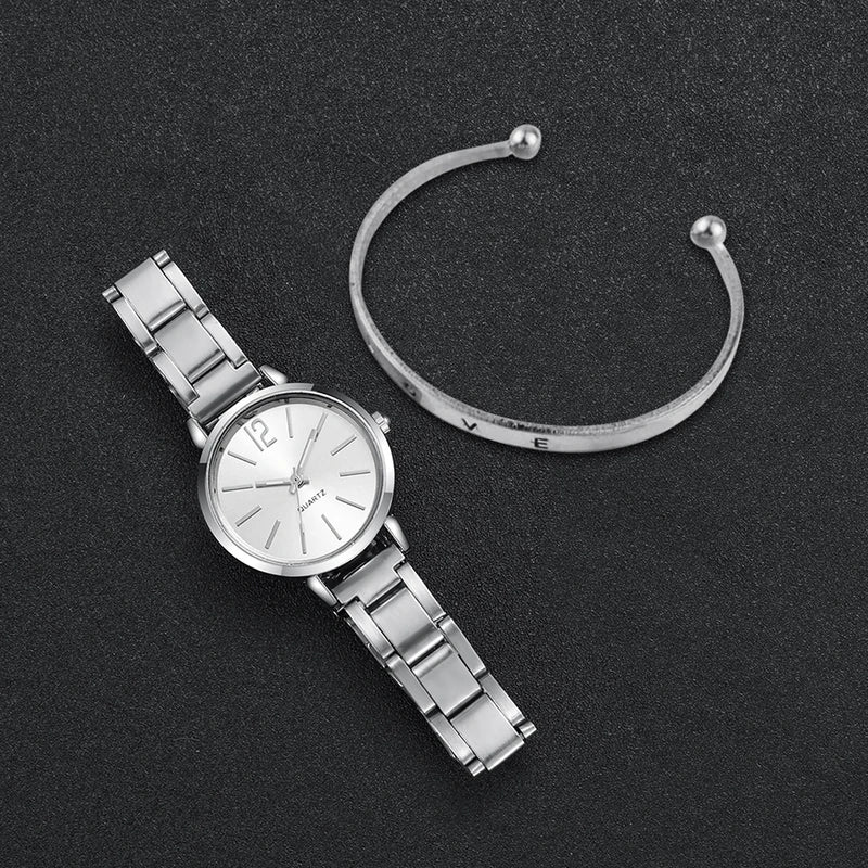 2-Pack Women's Quartz Wrist Watches with Steel Band and Cuff Bracelet Set - Multiple Colors