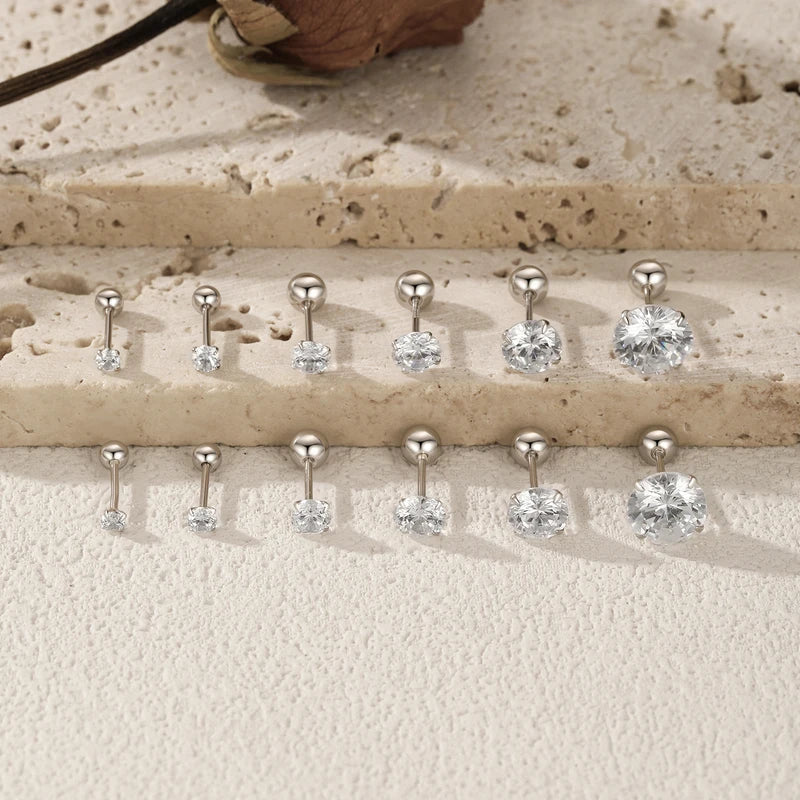 Multicolor 925 Sterling Silver Beads Screw Earrings - CZ Round Studs for Women