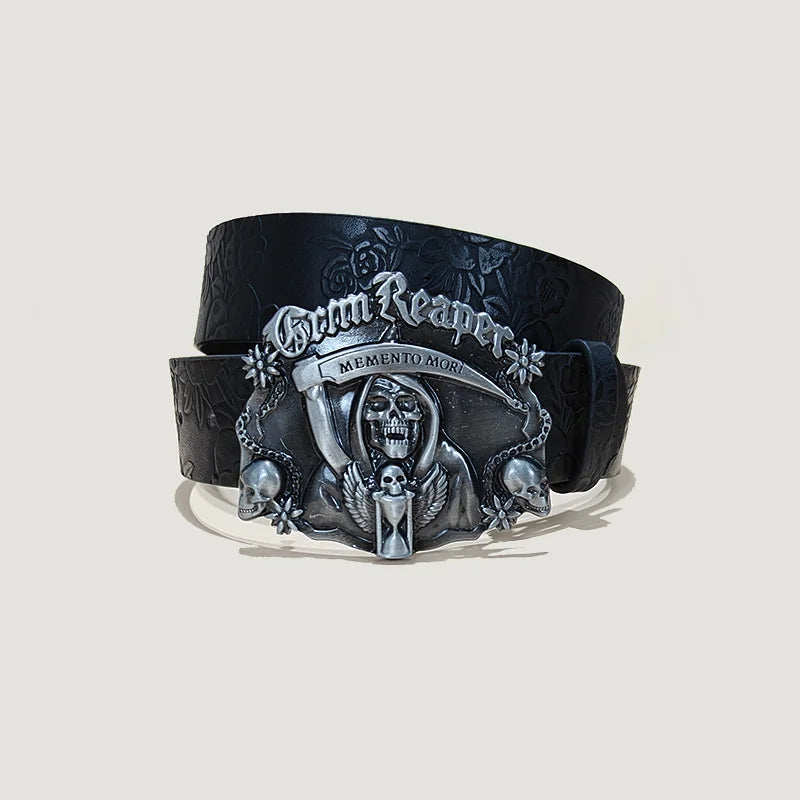 Unisex Punk Skull Leather Belt with Skeleton Hand Embossed Design for Gothic Halloween Accessories