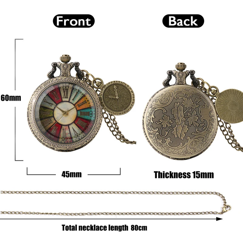 Retro Bronze Roman Numeral Pocket Watch with Colorful Dial Necklace Pendant Quartz Men Women