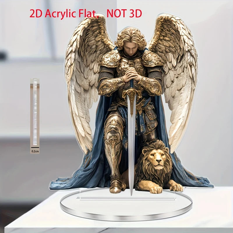 2D Angel Acrylic Tabletop Ornament Religious Angel Decor with Gold Armor and Blue Cape