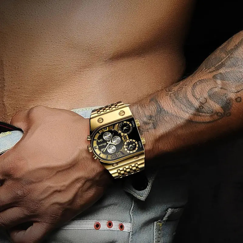 Luxury Multi-Time Zone Men's Quartz Watch with Large Dial and Luminous Steel Band