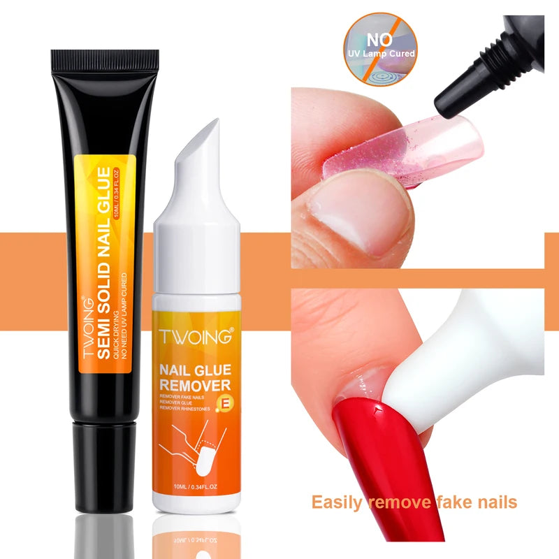 Twoing Nail Glue & Remover Set - Fast-Drying Strong Adhesive for Press-On Nails and Rhinestones