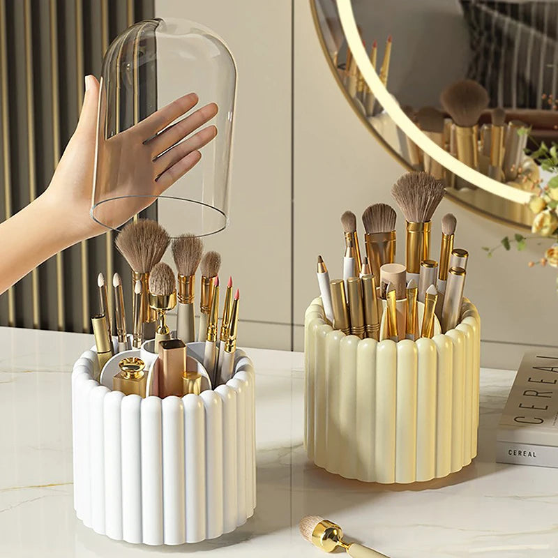 Rotating Makeup Brush Holder with Lid - Cosmetic Storage Organizer for Brushes, Lipsticks, Eyeliners