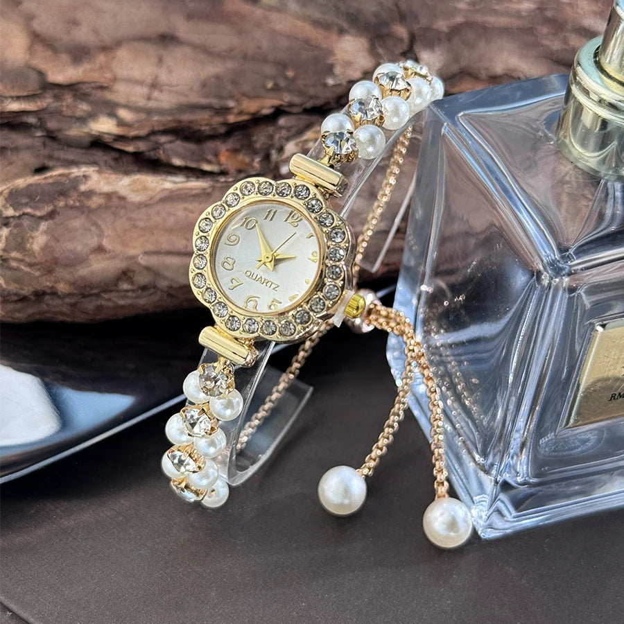 Luxury Double-Row Pearl Quartz Watch with Diamond-Encrusted Case for Ladies