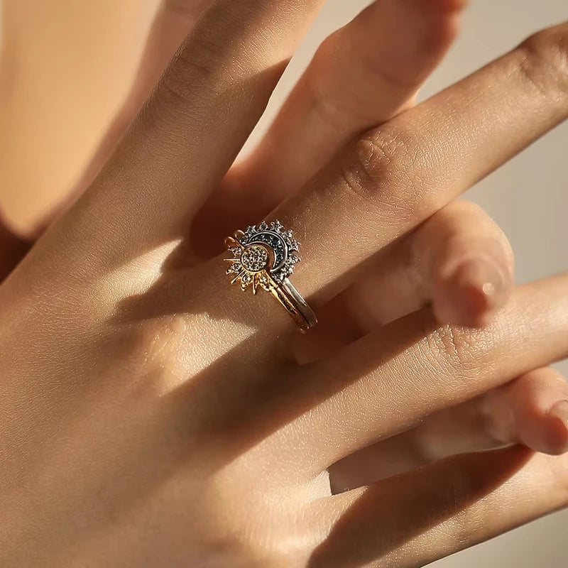 Sun and Moon Couple Ring Set Sterling Silver with Cubic Zirconia for Valentines Day