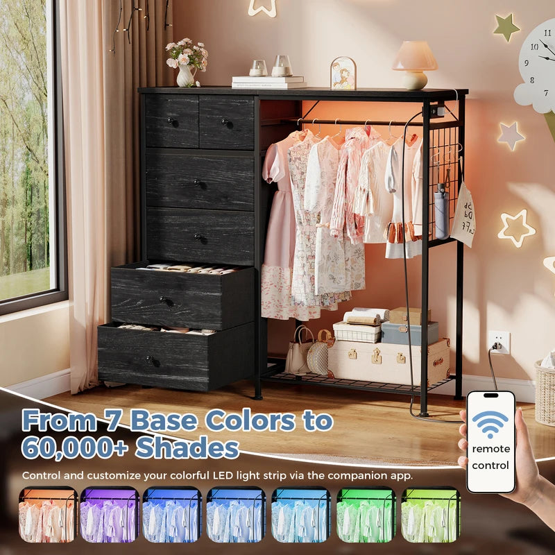 6-Drawer Fabric Dresser with Hanging Rack and LED Lights for Bedroom Storage