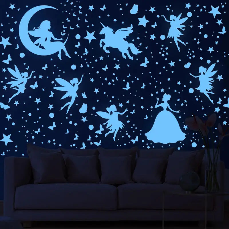 Glow in the Dark Unicorn & Galaxy Wall Decals for Girls' Bedroom - Fairy Butterfly Night Light Stickers