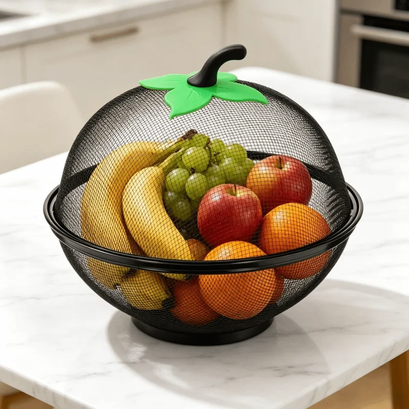 Metal Fruit Basket with Mesh Cover Moisture-Resistant Kitchen Storage Organizer