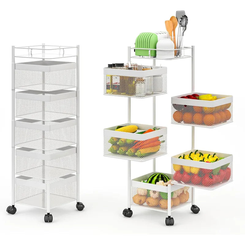 5-Tier Rotating Storage Cart with Mesh Baskets - Mobile Kitchen & Pantry Organizer