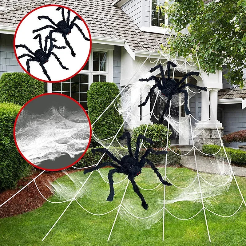 Giant Halloween Spider Web Decor with Plush Spider for Haunted House Outdoor Party