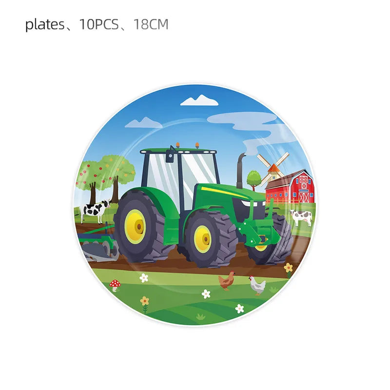 Green Farm Tractor Party Supplies Plate Cup Balloon Set for Kids Birthday Decorations