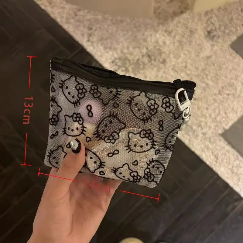 Cute Mesh Makeup Bag with Cartoon Hello Kitty Zipper Cosmetic Pouch Portable Travel Storage