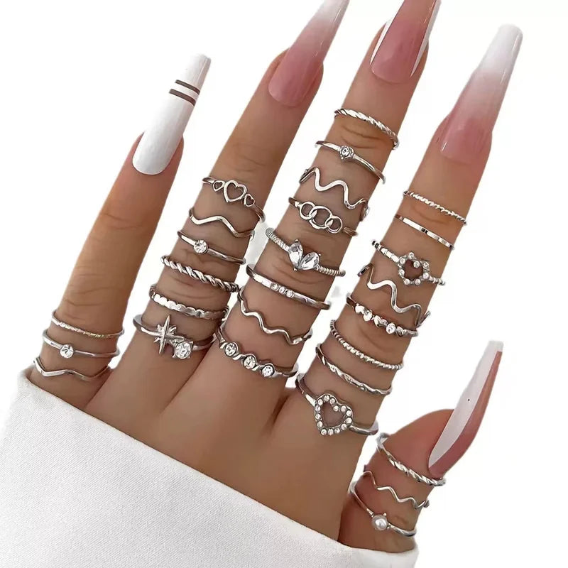 23-Piece Women's Zircon Wave Ring Set - Multi-Element Design for Daily Wear