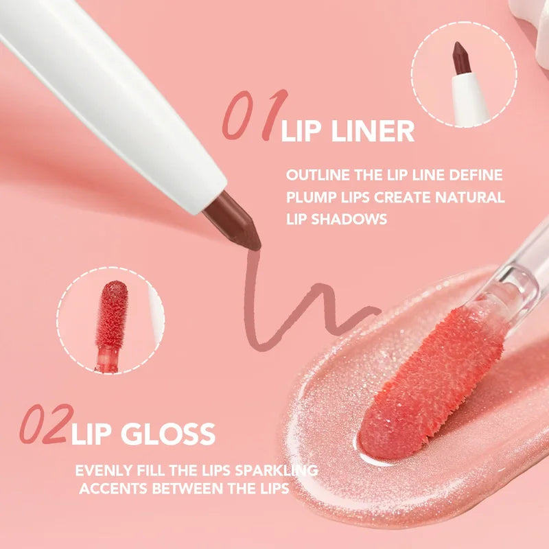 2-in-1 Lip Liner and Lip Gloss Set - Moisturizing, Natural & Sparkling Finish