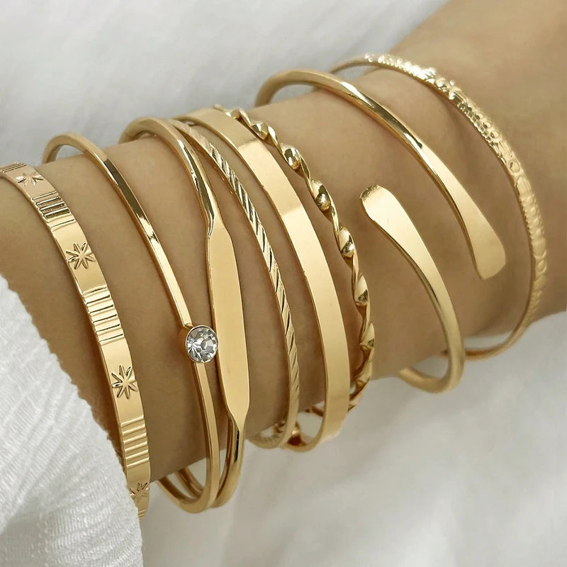 8-Piece Fashion Twist Texture Crystal Geometric Bangles Set for Women