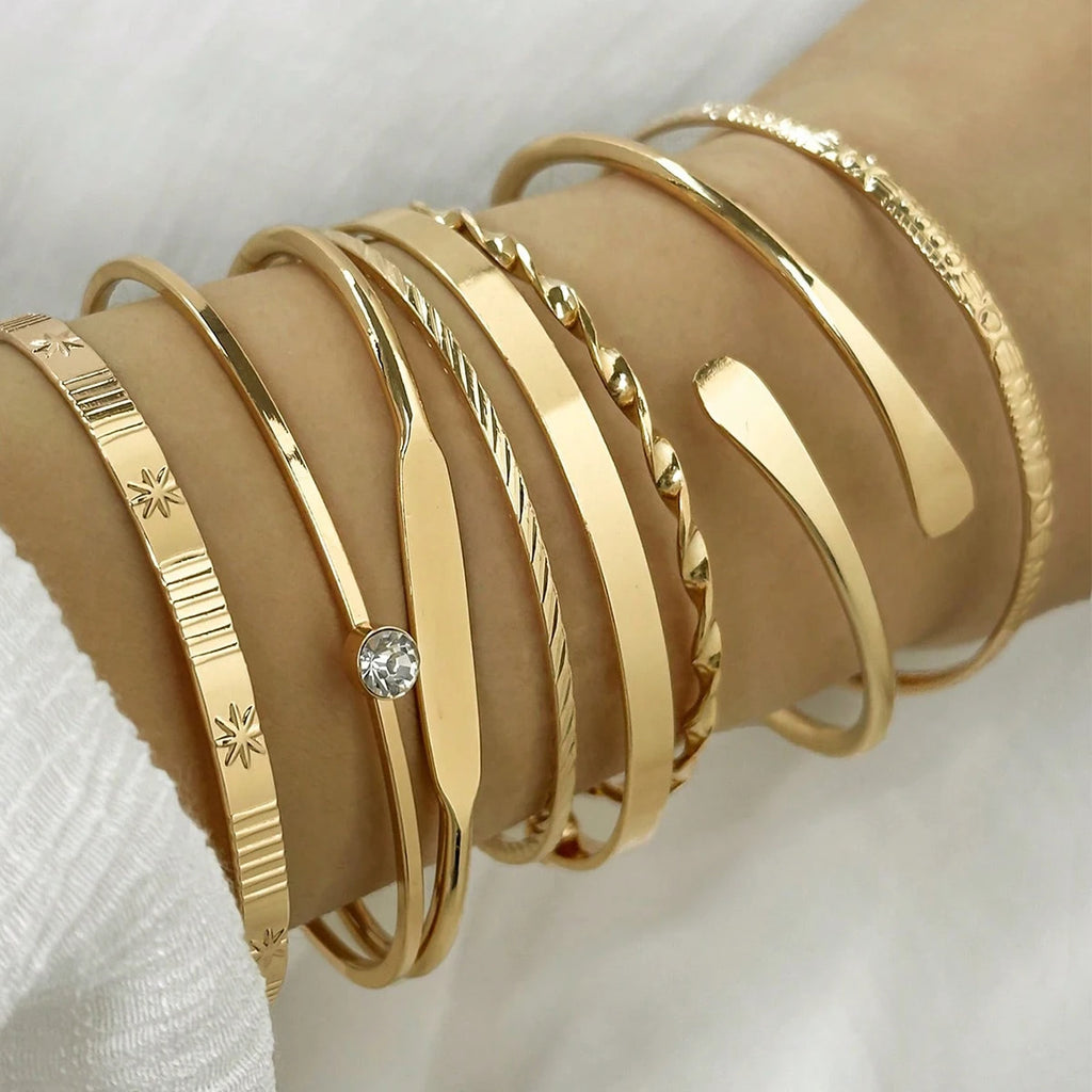 8-Piece Fashion Twist Texture Crystal Geometric Bangles Set for Women